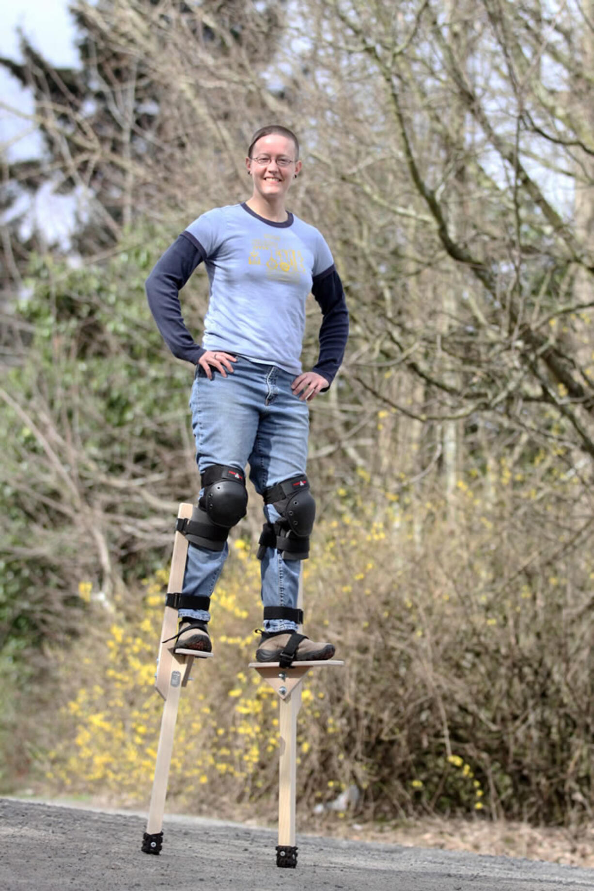 Kricket Caffery of Pendleton, Ore., makes stilts and teaches people to use them.