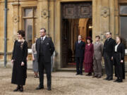 PBS
Elizabeth McGovern plays Lady Grantham, from left, Hugh Bonneville as Lord Grantham, Dan Stevens as Matthew Crawley, Penelope Wilton as Isobel Crawley, Allen Leech as Tom Branson, Jim Carter as Mr. Carson and Phyllis Logan as Mrs. Hughes in an episode of the PBS TV series &quot;Downton Abbey.&quot;