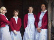 Helen George, from left, Bryony Hannah, Jessice Raine and Miranda Hart star in the PBS series &quot;Call the Midwife.&quot;