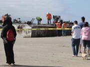 Workers use a cable-cutting system Wednesday to section the giant Japanese dock that was torn away by last year's tsunami and washed ashore in Newport, Ore.