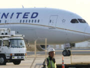 A United Airlines Boeing 787 is parked at Narita international airport in Narita, east of Tokyo in January.