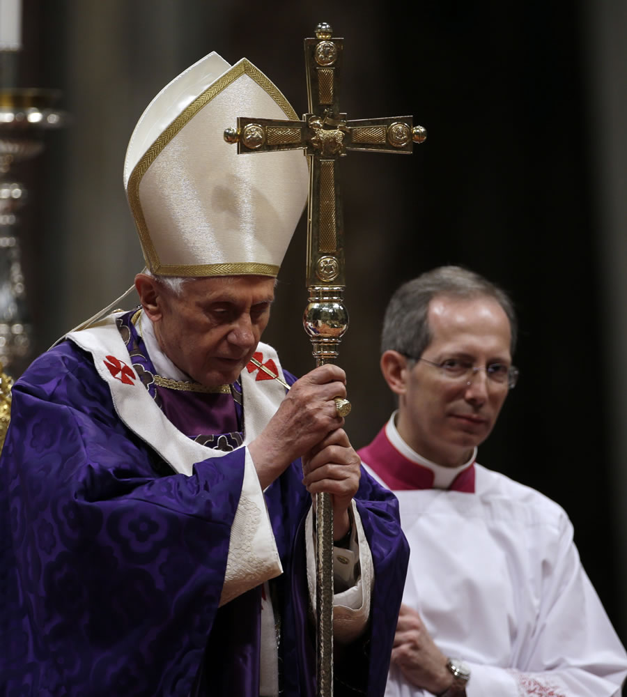 Pope Benedict XVI holds the pastoral staff at the end of the Ash Wednesday mass in St. Peter's Basilica at the Vatican, Wednesday, Feb. 13, 2013.  Ash Wednesday marks the beginning of Lent, a solemn period of 40 days of prayer and self-denial leading up to Easter. Pope Benedict XVI told thousands of faithful Wednesday that he was resigning for &quot;the good of the church&quot;, an extraordinary scene of a pope explaining himself to his flock that unfolded in his first appearance since dropping the bombshell announcement.