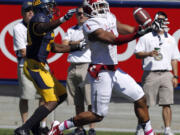 Washington State wide receiver Vince Mayle (1) catches a touchdown pass against California defensive back Isaac Lapite (20) during the first half Saturday.