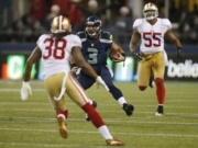 Seattle Seahawks quarterback Russell Wilson (3) in action against the San Francisco 49ers' in last December's contest, won by the Seahawks, 42-13.