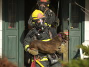 Firefighter Jere Weyrauch from Vancouver Fire's Truck 1, carries a dog from a house that was damaged by fire at 406 N.W. 53rd Street on January 11, 2013. Firefighters named the dog Lucky.