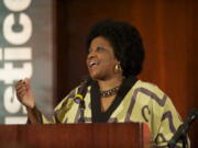 Naomi Tutu, daughter of Nobel Peace Prize laureate Desmond, speaks at the annual banquet hosted by the YWCA Wednesday at the Hilton Vancouver Washington.