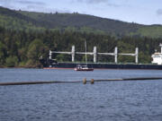 The 623-foot Mary H anchored across the Columbia River from the Kalama Export grain terminal at the Port of Kalama on Tuesday morning after protestors blocked its path  to the port.