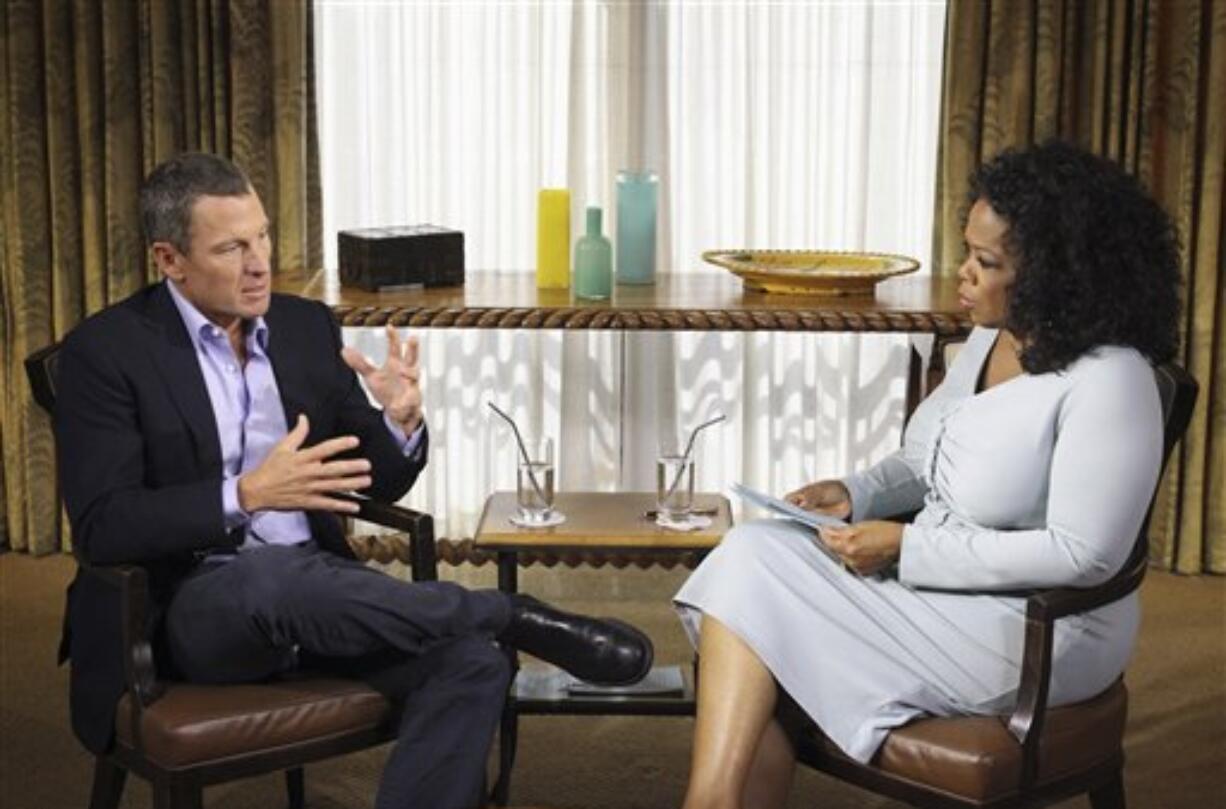 This Monday, Jan. 14, 2013 photo provided by Harpo Studios Inc., shows talk-show host Oprah Winfrey interviewing cyclist Lance Armstrong during taping for the show &quot;Oprah and Lance Armstrong: The Worldwide Exclusive&quot; in Austin, Texas. The two-part episode of &quot;Oprah's Next Chapter&quot; will air nationally Thursday and Friday, Jan.