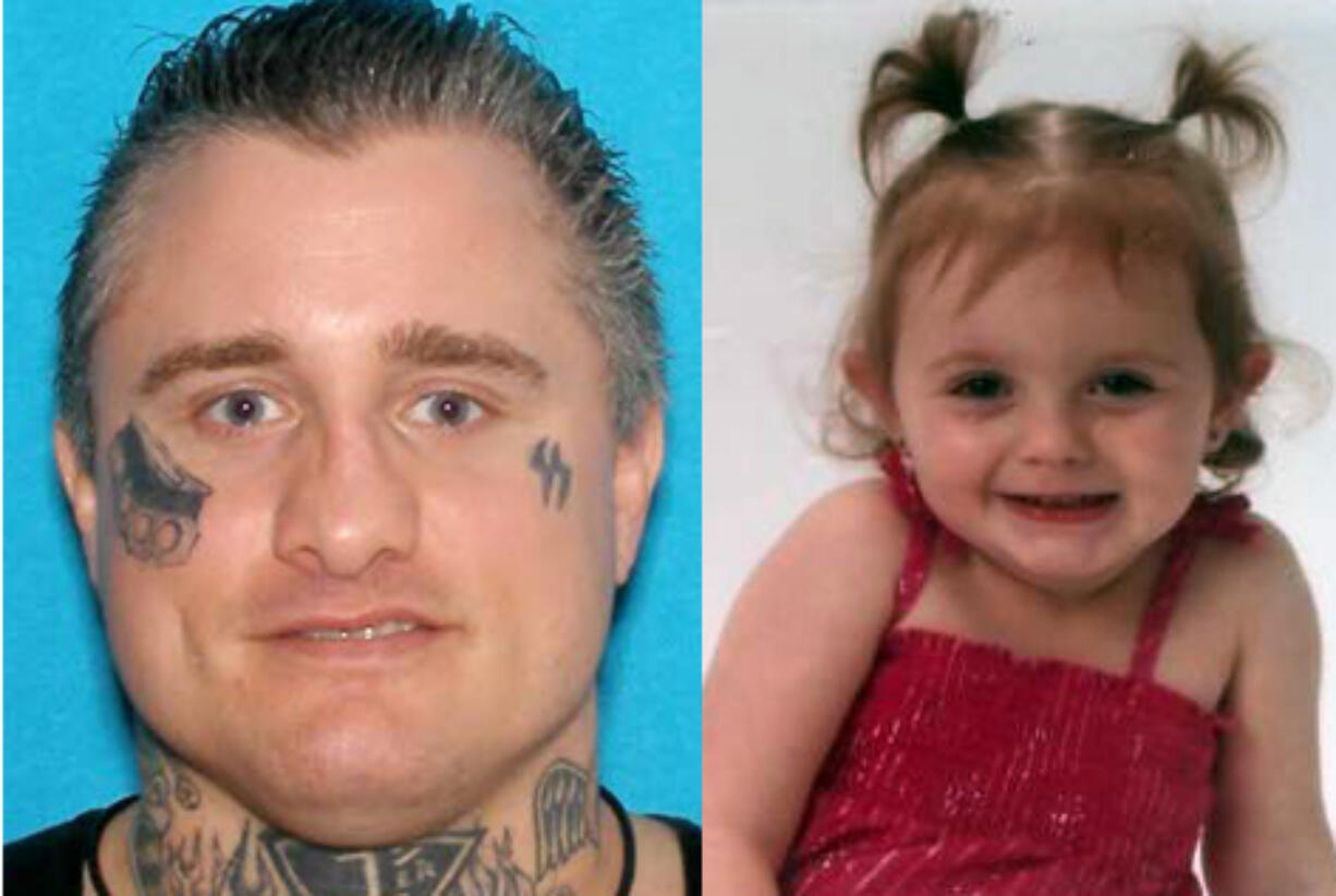 An Amber Alert was issued Saturday, Oct. 12, 2013, for Joshua R. Cavett, 36, left, and his daughter Paige Cavett, 2. Joshua Cavett is believed to be armed and dangerous; he is a person of interest in a Saturday morning shooting in Gresham, Ore., that left a woman with life-threatening wounds.