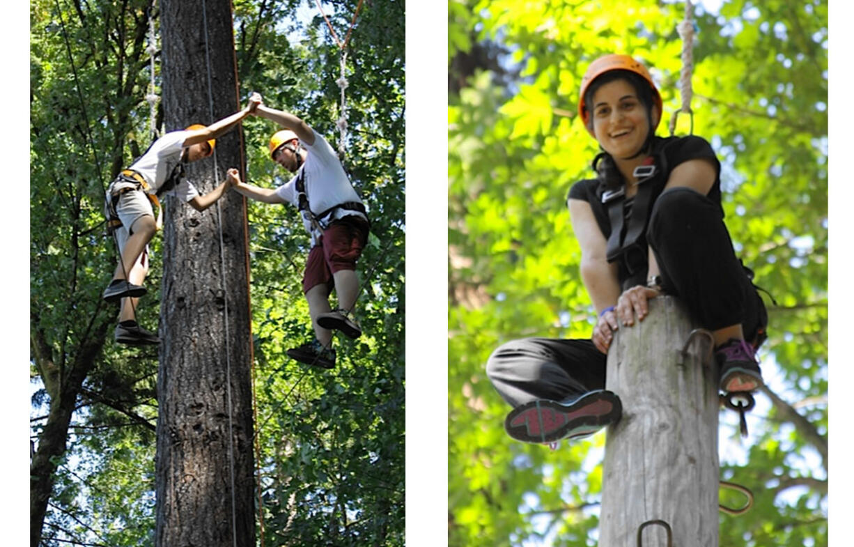 Kutlu Birinci, left, and Antonis Tilliros, both 17, do some high-altitude trust-building last month in an Oregon forest.