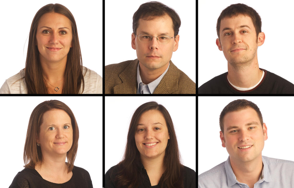 Blethen Award winners from The Columbian, clockwise from top left, Marissa Harshman, Aaron Corvin, Eric Florip, Erik Hidle, Stevie Mathieu and Stephanie Rice.