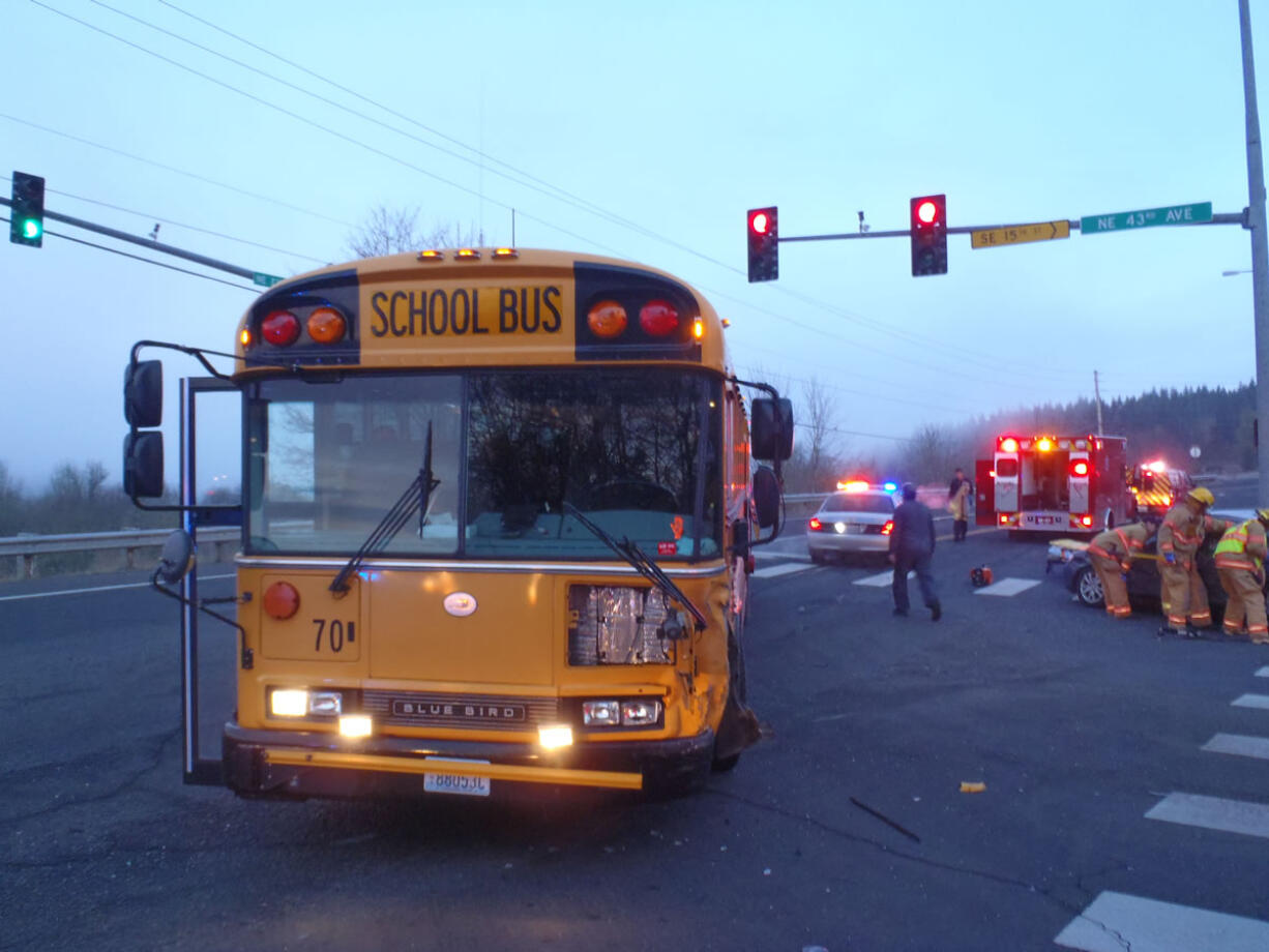 A Camas school bus was involved in a collision with a Mazda 3 early Friday morning. The driver of the car was transported to the hospital with non-life-threatening injuries.