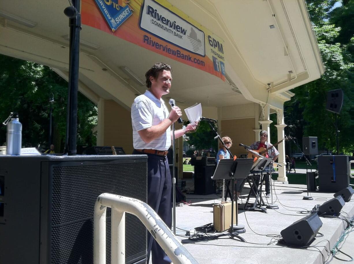 Vancouver Mayor Tim Leavitt says a few words before the first of the annual series of summer concerts begins in Esther Short Park.