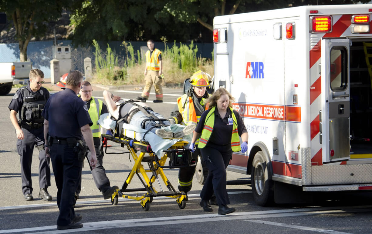 A man was sent to the hospital with unknown injuries after a crash between a motorcycle and a SUV Tuesday morning at the intersection West Mill Plain Boulevard and Lincoln Avenue.