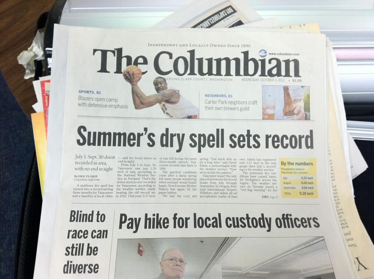 Photo of The Columbian front page on Oct 3, 2012.