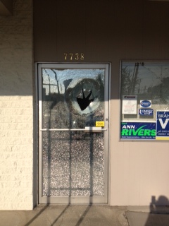 The front door of the Clark County Republican Headquarters was vandalized early Friday morning, as was the window to the right.