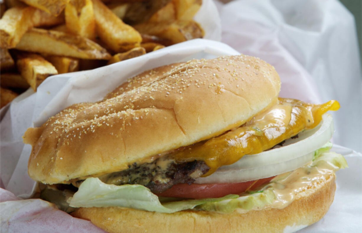 The K&amp;M burger with fries at K &amp; M Drive-In.