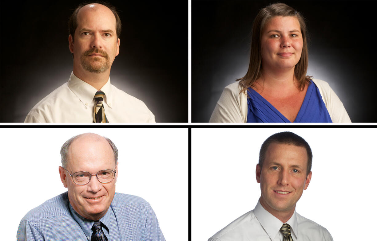 Clockwise from top left: Greg Jayne, new opinion page editor; Merridee Hanson, new news editor; Micah Rice, new sports editor; and John Laird, retiring opinion page editor.