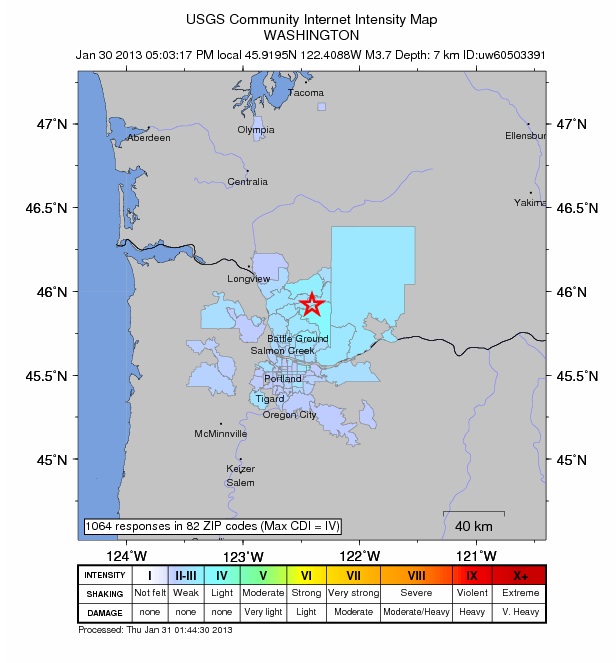 A community-generated earthquake intensity map with reports from the first hour after a 3.7-magnitude quake struck near Amboy.