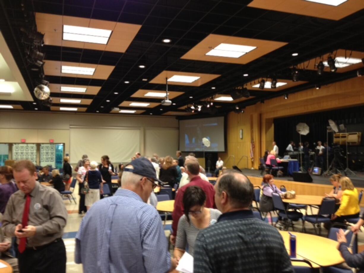 Candidates, politicians and observers gather at Clark College's Gaiser Hall this evening for the release of the first primary election results.