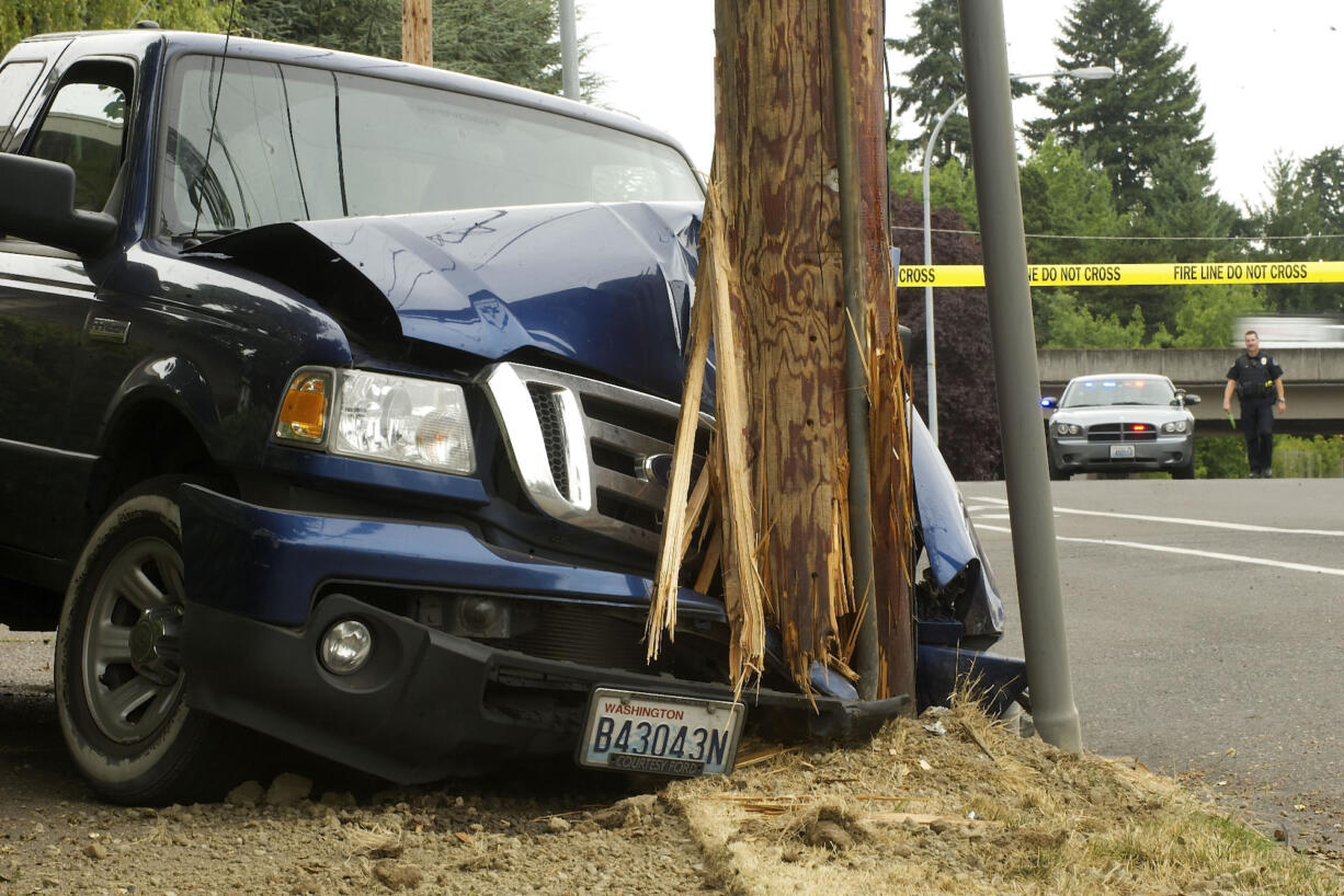 A vehicle crashed into a power pole near the intersection of East McLoughlin Boulevard and F Street, in Vancouver's Arnada neighborhood, this morning.