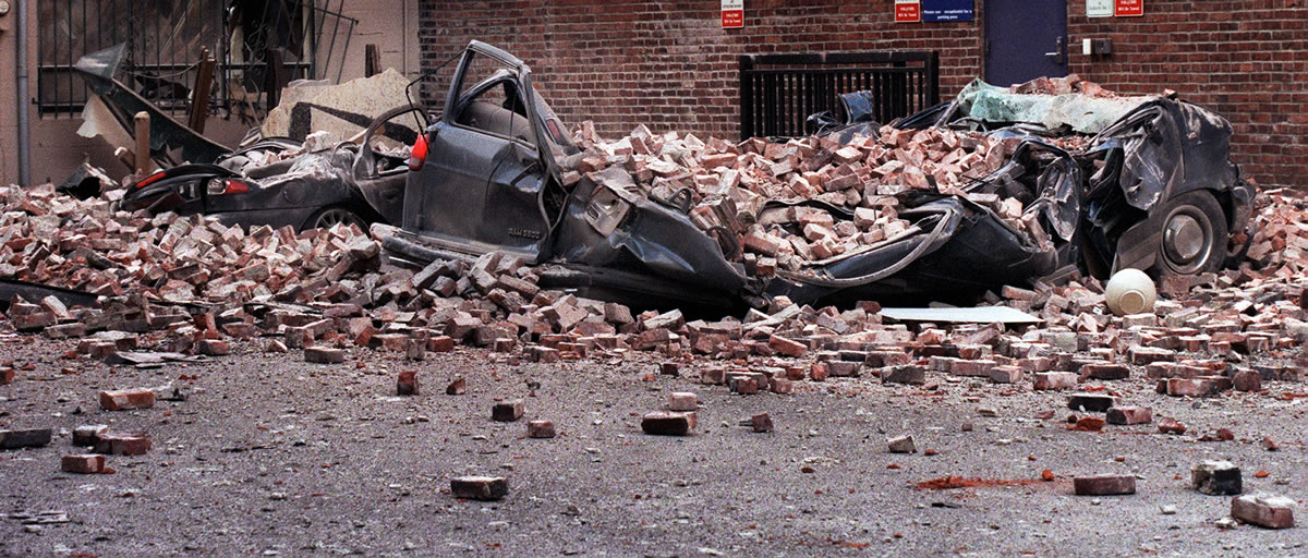 Seattle Post-Intelligencer files
Cars were smashed by falling bricks in Seattle during the 2001 Nisqually earthquake. The magnitude 6.8 quake temporarily shut down Seattle-Tacoma International A irport, knocked out power to hundreds of thousands of people, cracked the dome atop the state Capitol in Olympia and briefly trapped about 30 people atop a swaying Space Needle. When the Cascadia fault slips, it has the potential to cause far more damage, and a magnitude 9.0 or higher earthquake -- more than 100 times as powerful as a 6.8.