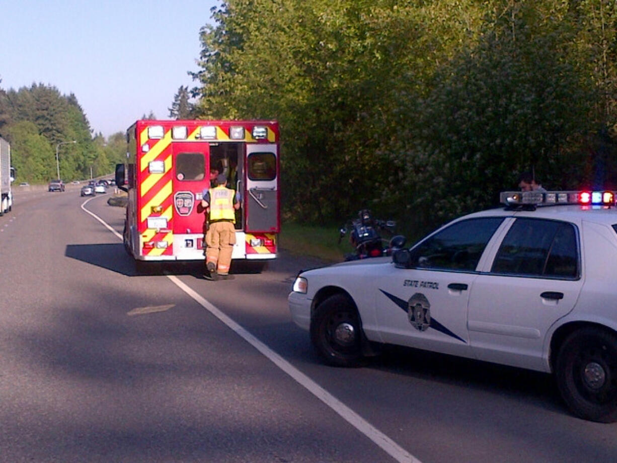 A crash involving a motorcycle blocked westbound traffic on westbound state Highway 14 for about an hour this morning.