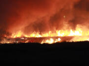 Firefighters work to suppress the brush fire at Steigerwald National Wildlife Refuge near Washougal on Friday.