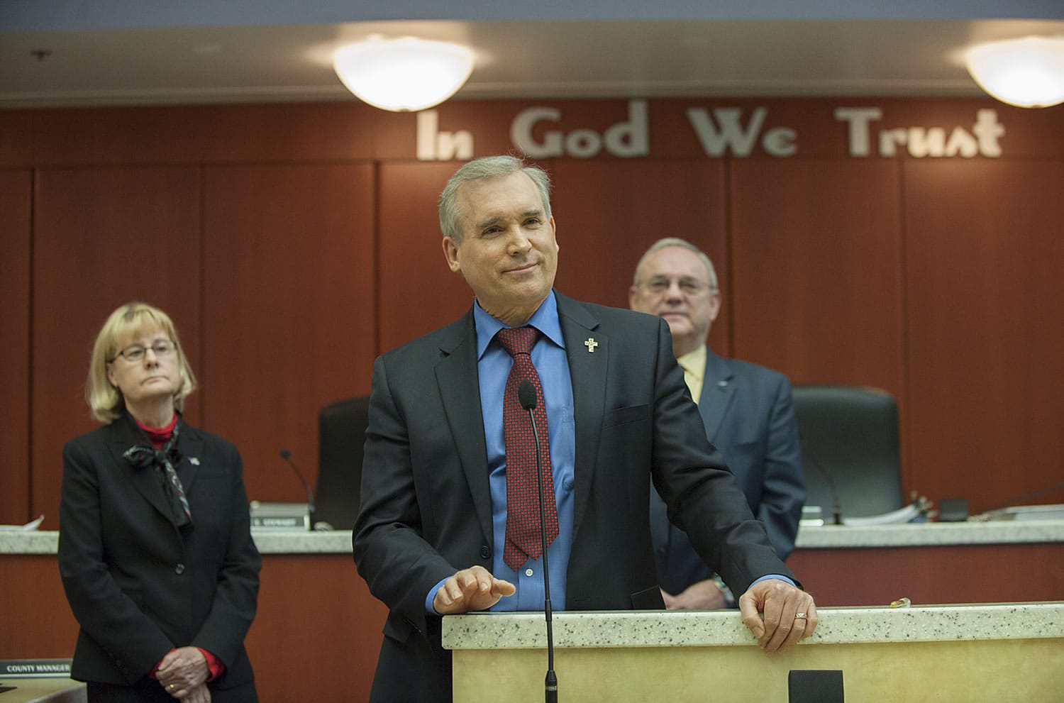 David Madore, center, with fellow Clark County Councilors Jeanne Stewart and Tom Mielke.