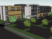 This computer rendering shows Evergreen Public Schools' new health and bioscience high school, which is on track to open in the fall of 2013.