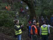 Sunrise O&#039;Mahoney, left, of Vancouver Watersheds Alliance takes photos of volunteers pulling ivy Monday morning in Blandford Canyon in Vancouver.