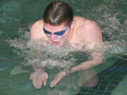 Jake Yraceburu finished second behind Camas teammate Kasey Calwell in the 100-meter breaststroke Monday, at LaCamas Swim and Sport. The Papermakers beat Mountain View 167-116 for the league championship.