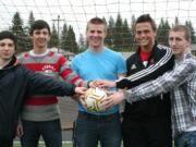 Washougal soccer players Spencer Carnera, Elesey Razumovskiy, Caleb Howard, Sam O'Hara and Michael Wright (left to right) helped the Panthers beat Mark Morris in a shootout.