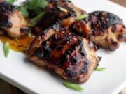 Chicken Thighs with Spicy Apricot Glaze are grilled to perfection.