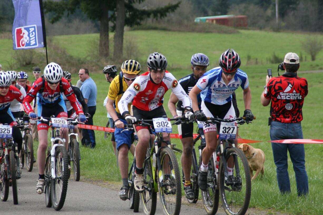 Zach Vergillo (302) gets off to a fast start in the Washougal MX Challenge Sunday, at Washougal Motocross Park. The Camas High School cycler completed three laps on the four-mile course in one hour, 1 minute and 55 seconds, which was good enough for fifth place in the junior varsity boys race.