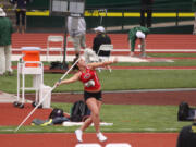 Amber Corbett tosses the javelin during the Oregon Relays, at Hayward Field in Eugene.