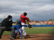 Austin Barr laces a single into right field Friday, at Mountain View High School.