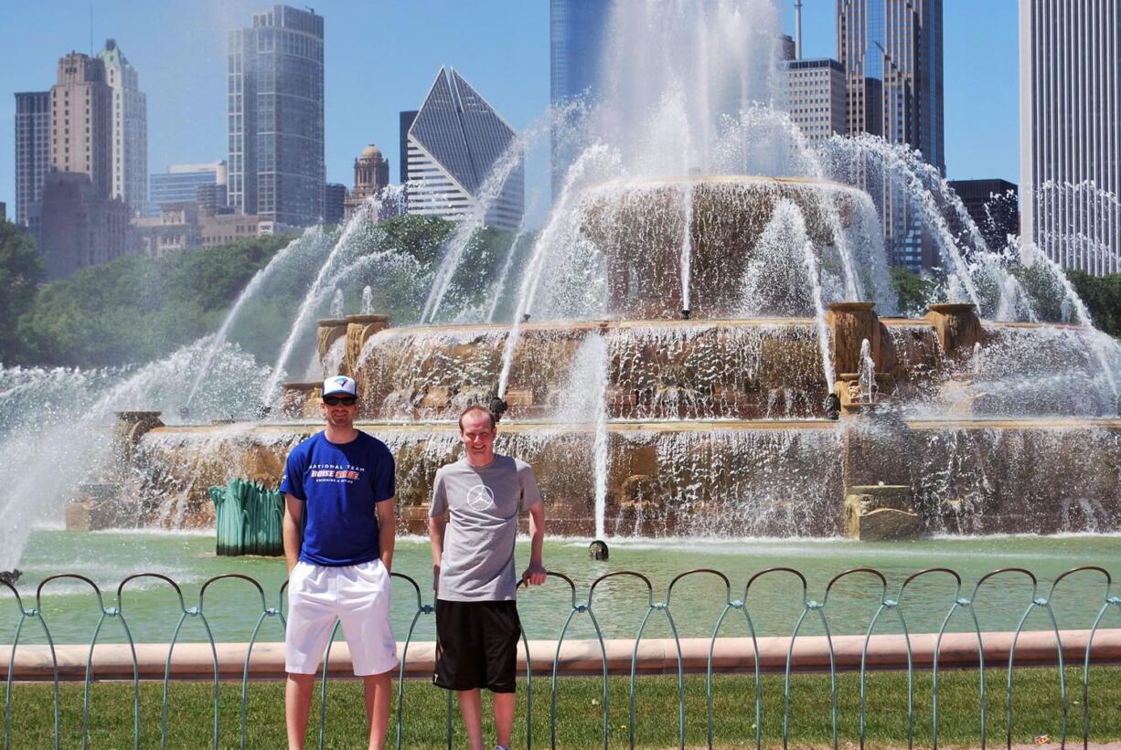 Vancouver's Michael Walsh (left) and Washougal's Patrick Johnson (right) stand in front of the Buckingham Water Fountain, at Grant Park in Chicago.