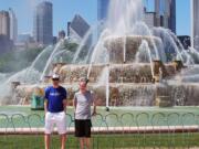 Vancouver's Michael Walsh (left) and Washougal's Patrick Johnson (right) stand in front of the Buckingham Water Fountain, at Grant Park in Chicago.