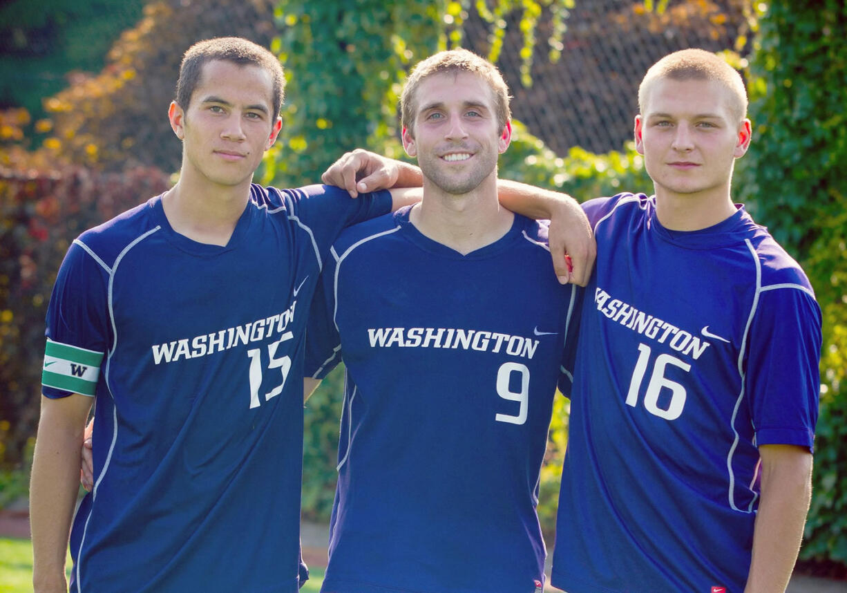 Camas High School graduates Brent Richards (class of 2008), Quinton Beasley (2009) and Drew White (2011) love wearing purple and playing for the University of Washington's mens soccer team.