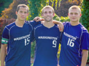 Camas High School graduates Brent Richards (class of 2008), Quinton Beasley (2009) and Drew White (2011) love wearing purple and playing for the University of Washington's mens soccer team.