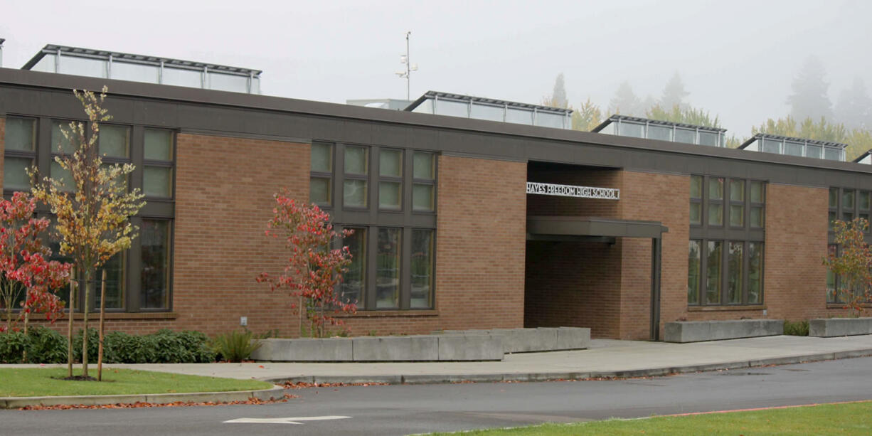 Among the energy efficiency elements of Hayes Freedom High School is its use of solar panels. The roof is sloped to the south to take advantage of 2,500 square feet of the photovoltaic panels.