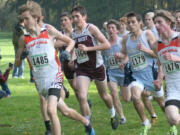 Washougal Panthers Isaac Stinchfield (left) and Sean Eustis (right) get off to a fast start in the 2A boys district cross country race Saturday.