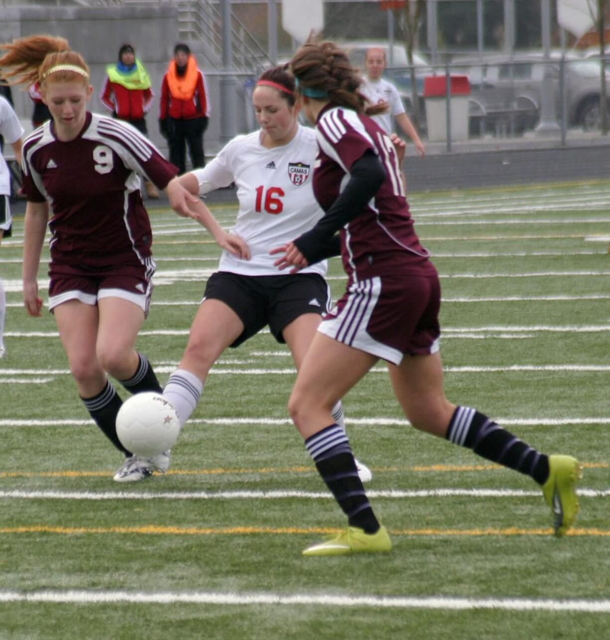 Rachel Gibson (16) takes a shot at the net for the Camas High School girls soccer team. The Papermakers played their hearts out in the first round of state Nov.