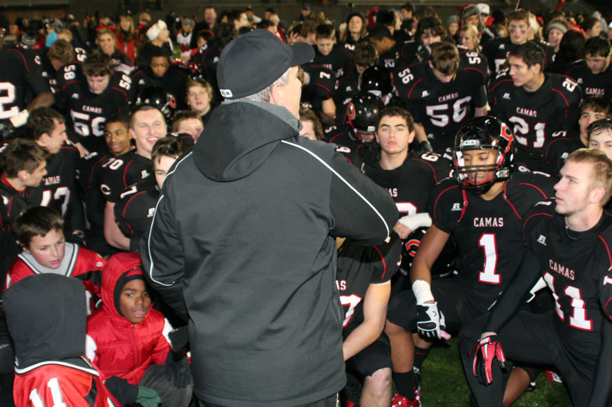 Head coach Jon Eagle tells the Camas High School football players they have to practice on Thanksgiving because they are going to the Tacoma Dome for the first time in school history.