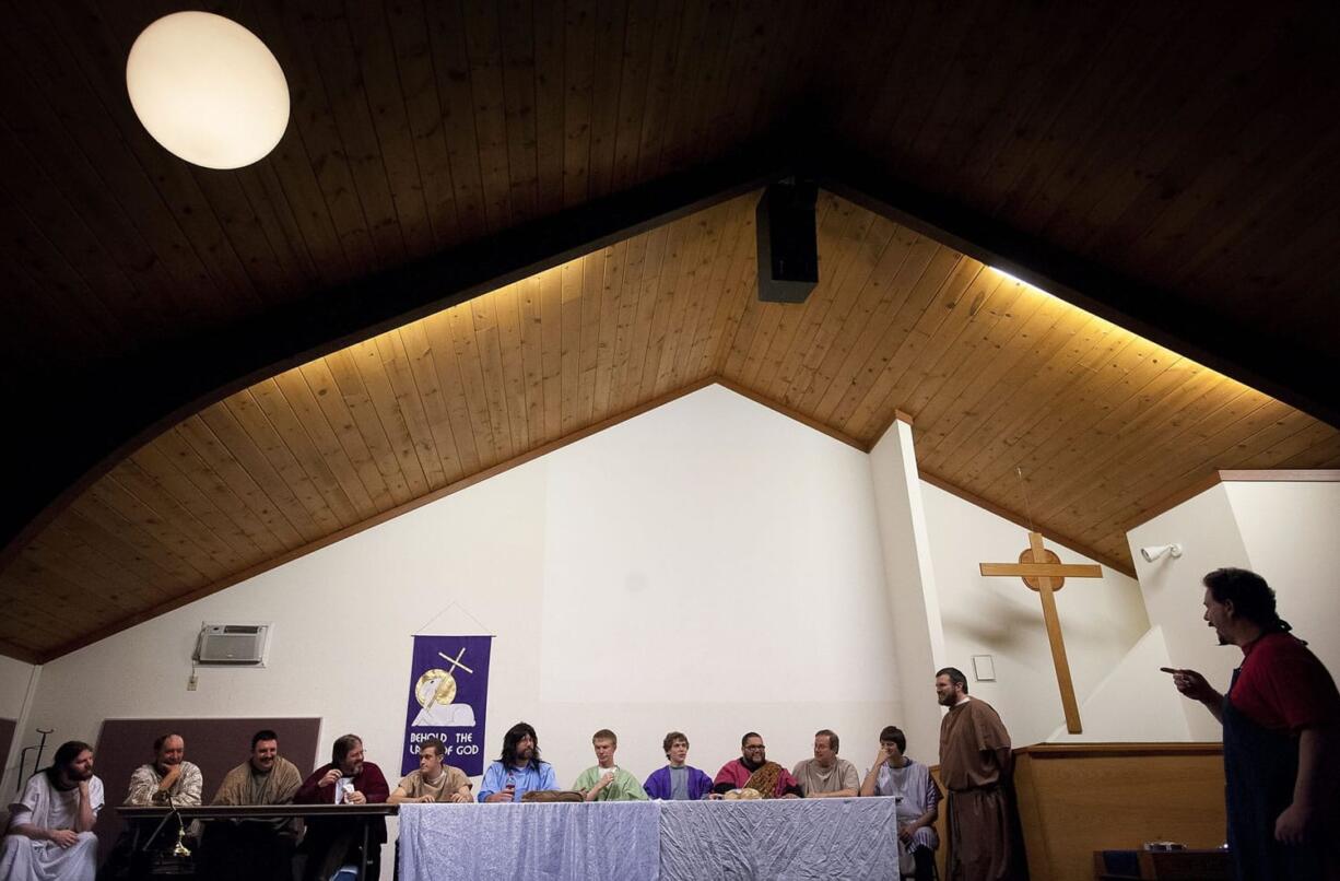 As an artist named Leo -- that's Leonardo Da Vinci -- actor-director Matthew Shively, far right, struggles to get his models to behave so he can paint &quot;The Last Supper.&quot; Shively and his cast are preparing &quot;Transformation -- A Living Last Supper&quot; for Easter Sunday at Minnehaha Church of Christ.