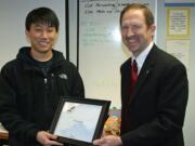 Mountain View: Kenny Kim, left, receives the President's Volunteer Service Award from Randy Salisbury, Southwest Washington American Red Cross board chairman.