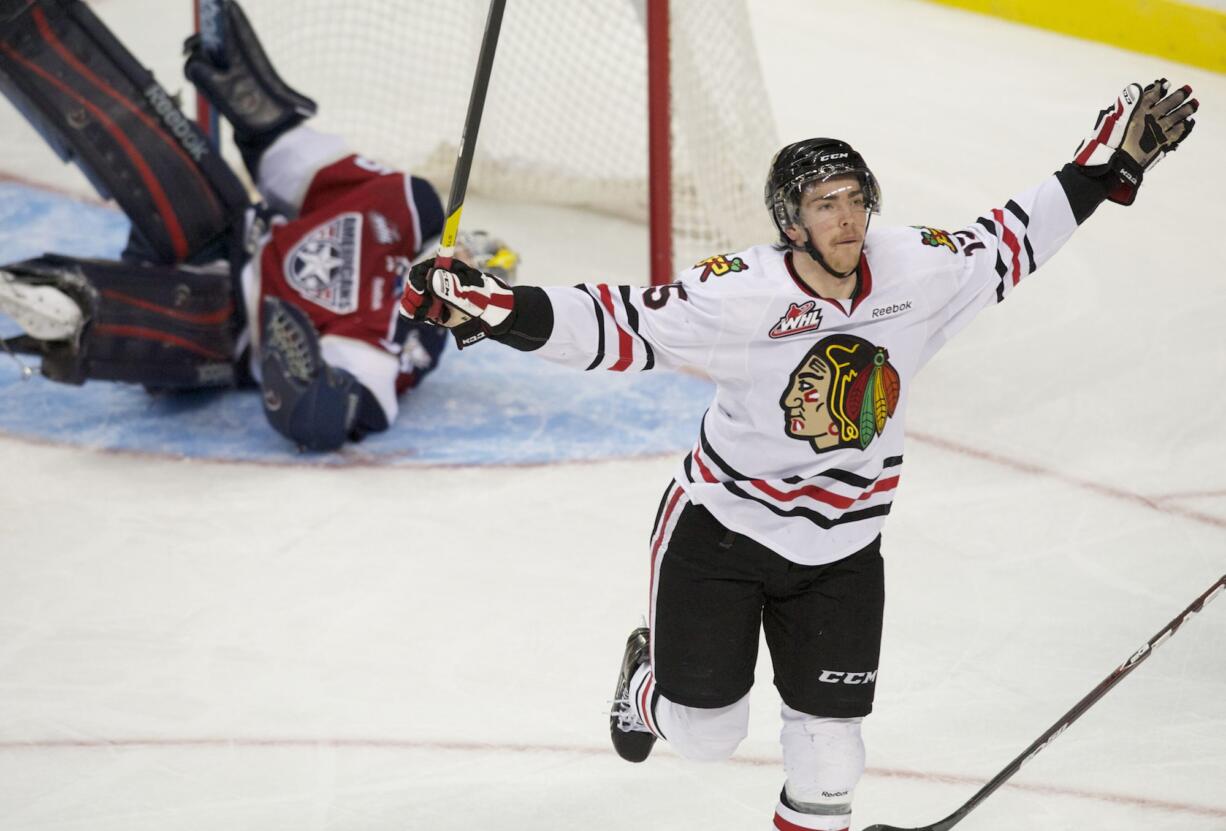 Portland's Marcel Noebels celebrates after scoring the go-ahead goal against Tri-City goalie Ty Rimmer in the third period Thursday.