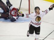 Portland's Marcel Noebels celebrates after scoring the go-ahead goal against Tri-City goalie Ty Rimmer in the third period Thursday.