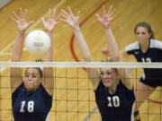 Skyview's Jordan Hunter (18), and Katie Swanson (10), block a Union ball.